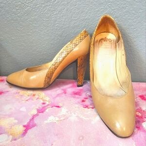 👠Christian Dior Vintage Tan Leather & Snakeskin-Textured Trim Heels -Size 7 👠
